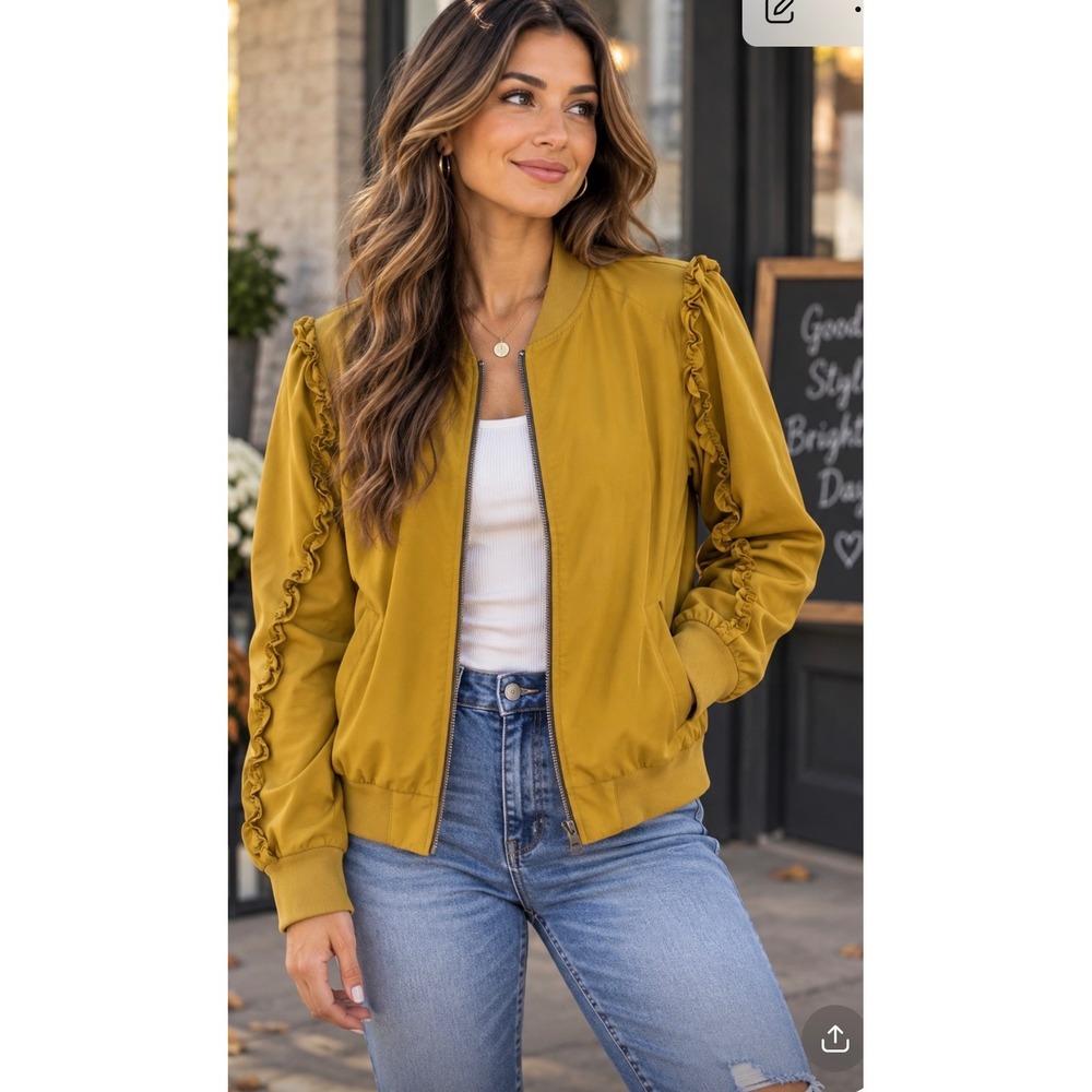 G by Giuliana ChicTech Ruffle Sleeve Bomber Jacket Mustard Size Large